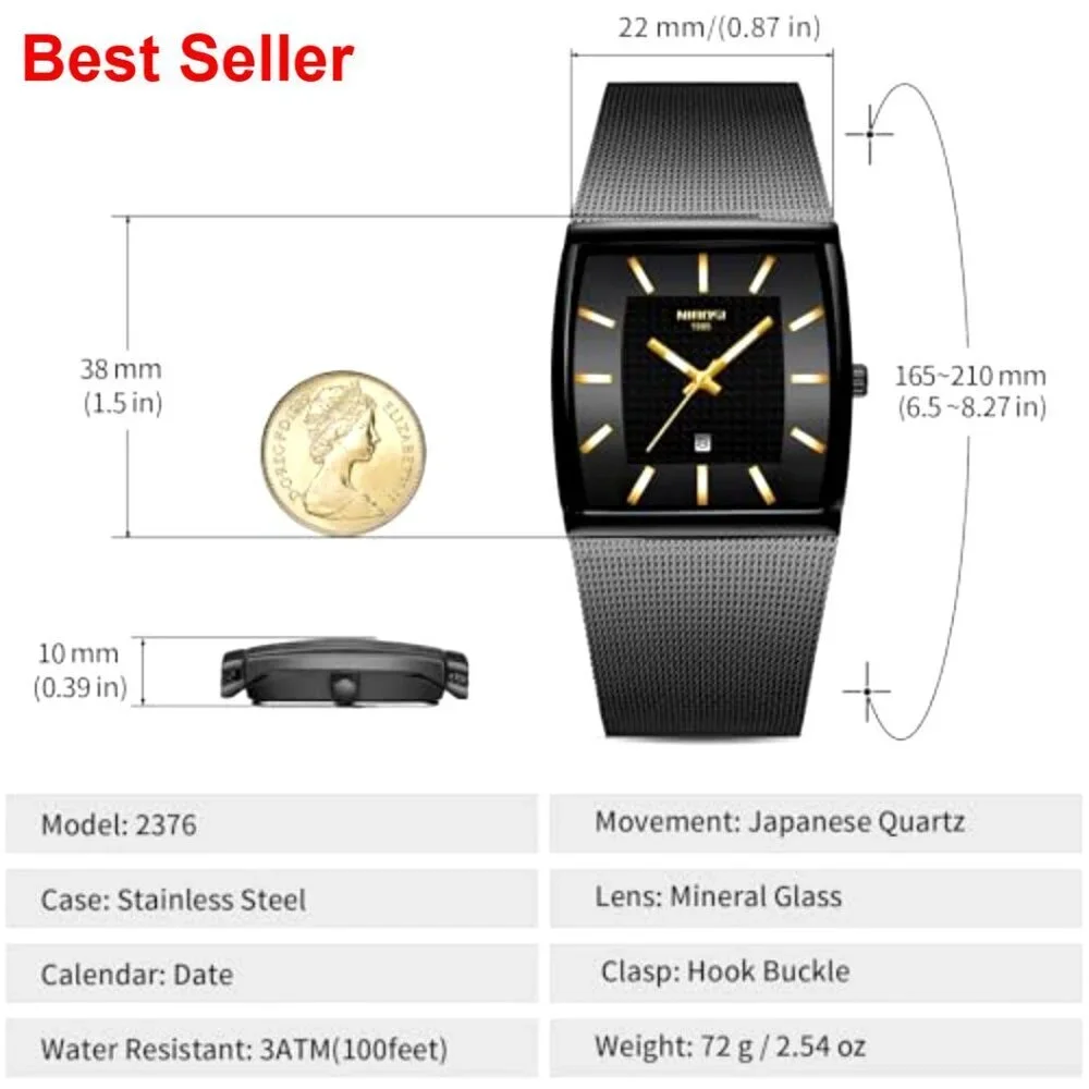 Stainless Steel Square Analog Quartz Watch with Mesh Strap